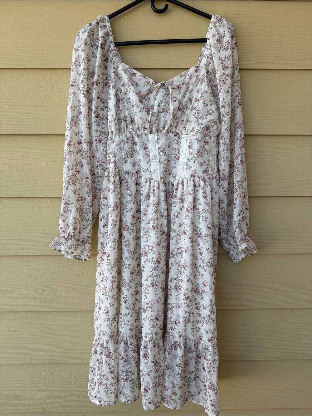 Cottagecore Floral Corset Waist Long Sleeve Midi Coquette Dress